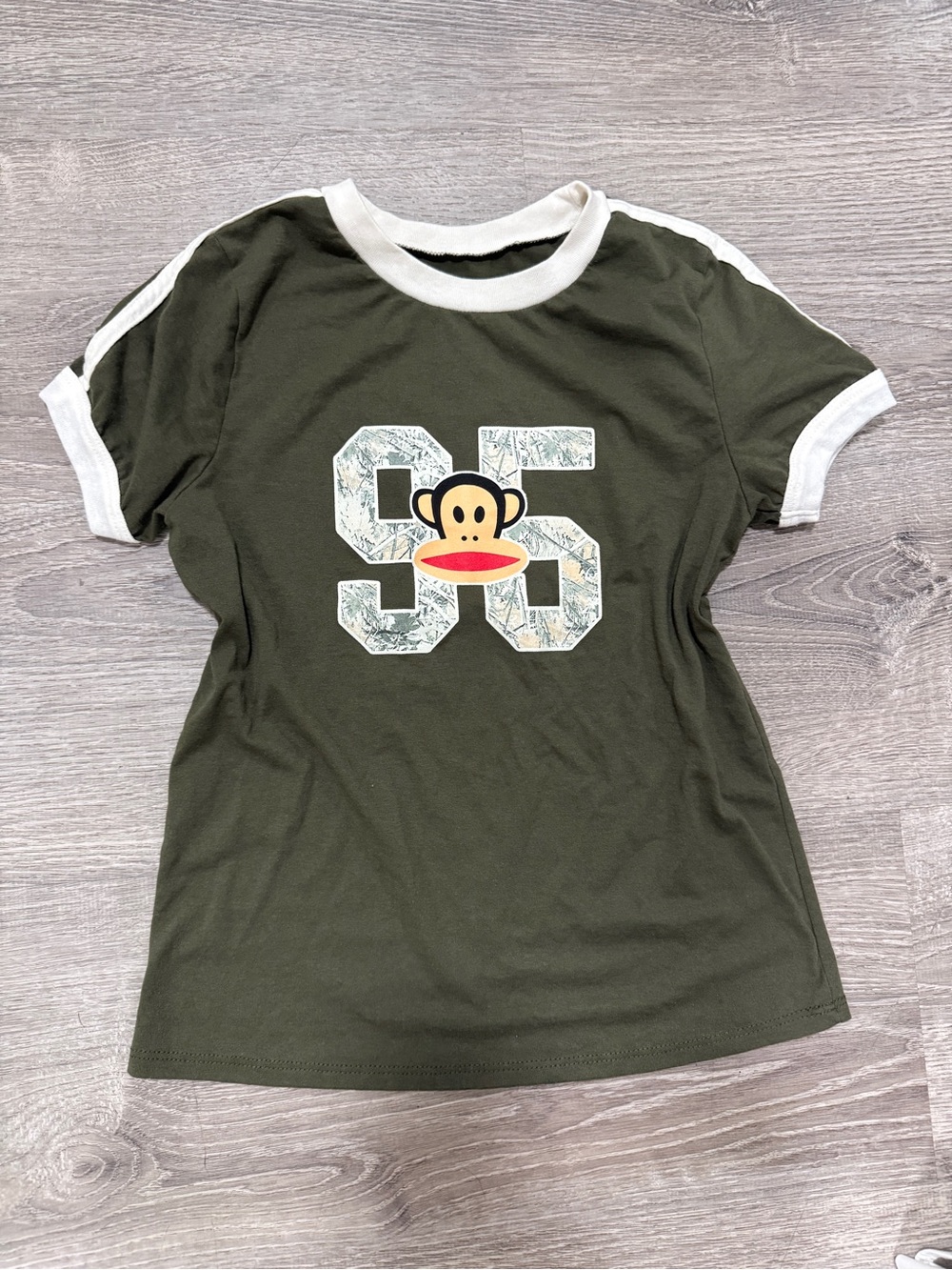 Paul Frank Olive Green Ringer Tee with White Trim and Monkey Graphic